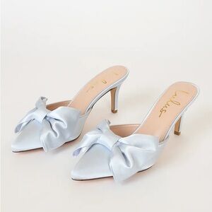 Lulu's Light Metallic Blue Bow Pointed-Toe Mules